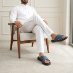 Urban cross strap blue slippers for men made from original leather with a soft cushioned footbed.