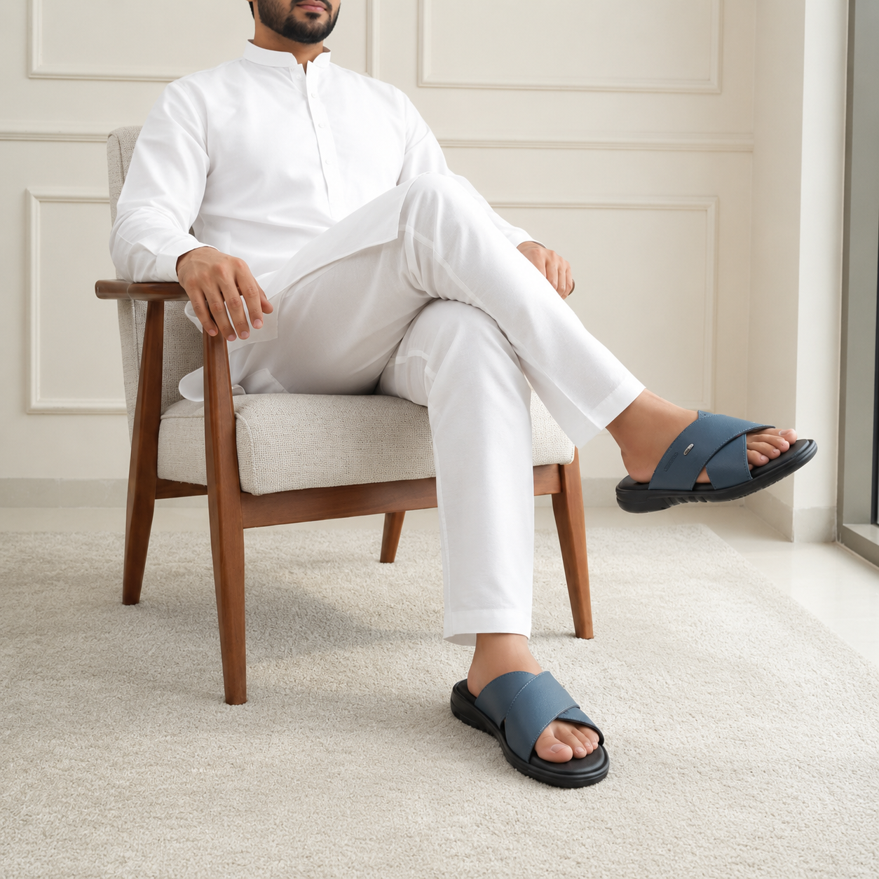 urban cross strap slippers men blue Urban cross strap blue slippers for men made from original leather with a soft cushioned footbed.