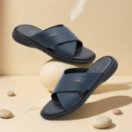 Urban cross strap blue slippers for men made from original leather with a soft cushioned footbed.