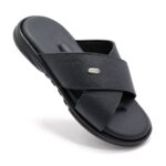 Classic black cross strap slippers for men made from original leather with a soft cushioned footbed.