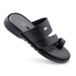 Comfort double strap black toe ring slippers for men made from original leather with a soft cushioned footbed.