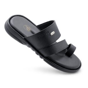 Comfort double strap black toe ring slippers for men made from original leather with a soft cushioned footbed.