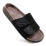Premium black suede double strap slippers for men made from original leather with a soft cushioned footbed.