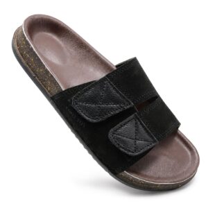 Premium black suede double strap slippers for men made from original leather with a soft cushioned footbed.