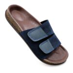 Premium navy blue suede double strap slippers for men made from original leather with a soft cushioned footbed.