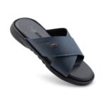 Urban cross strap blue slippers for men made from original leather with a soft cushioned footbed.